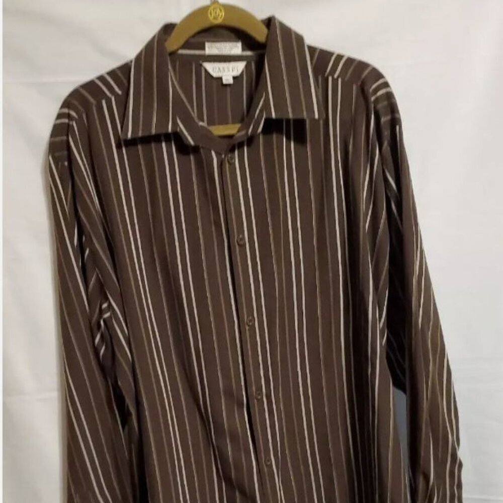 Cassel Mens Dress Shirt-XL-Brown Stripe-Rayon, Polyester, Pre-owned (MS14)